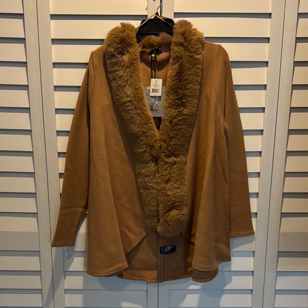 Adrienne Landau NWT Open Faux Fur Knit Tan (Camel) Cardigan